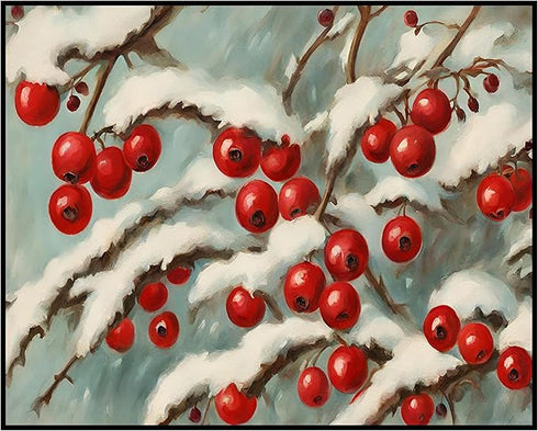 Posterizer 1 pcs-berries in snowy winter scene-oil painting style -4-Landscape & Nature Art-GIft for Men Women Teens-Living Room Bedroom Decor- un...
