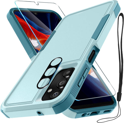 for Samsung Galaxy A14 5G Case with 1 Pcs Tempered Glass Screen Protector and 1 Pcs Camera Lens Cover,Heavy Duty Rugged Shockproof Full Body Prote...