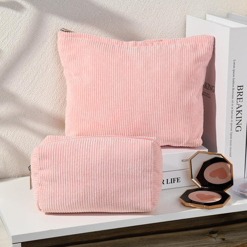 2 Pieces Corduroy Pink Makeup Bag Large Corduroy Cosmetic Bag Capacity Canvas Travel Toiletry Bag Organizer Cute Makeup Brushes Aesthetic Accessor...