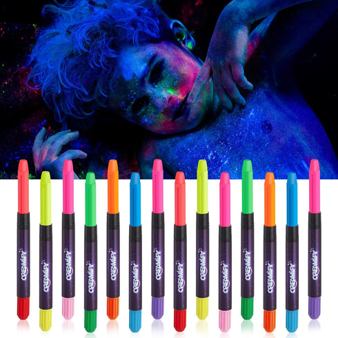14 Pcs Glow in the Dark Face Paint, Creamify Black Light Neon Face & Body Paint, Halloween Masquerade Makeup Sticks, Fluorescent Crayons Kit for K...