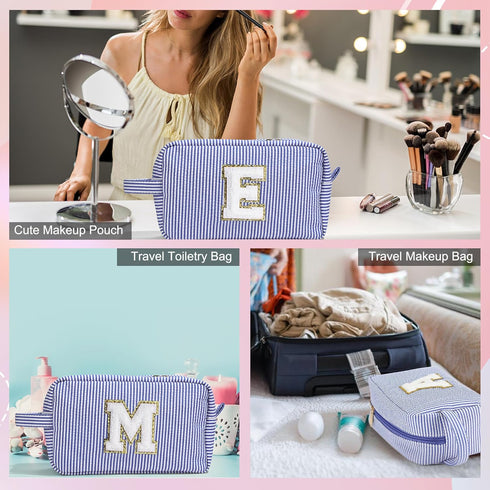 Makeup Bag for Women - Monogram Cute Initial Blue Makeup Bag Cosmetic Toiletry Pouch Make Up Case for Women Her Best Friend Friendship Sister Teac...
