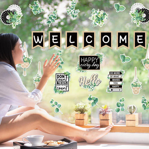 Whaline 29 Pieces Eucalyptus Bulletin Board Set Welcome Banner Simply Boho Bulletin Board Decor Boho Greenery Calendar Cutout Decorations for Back...