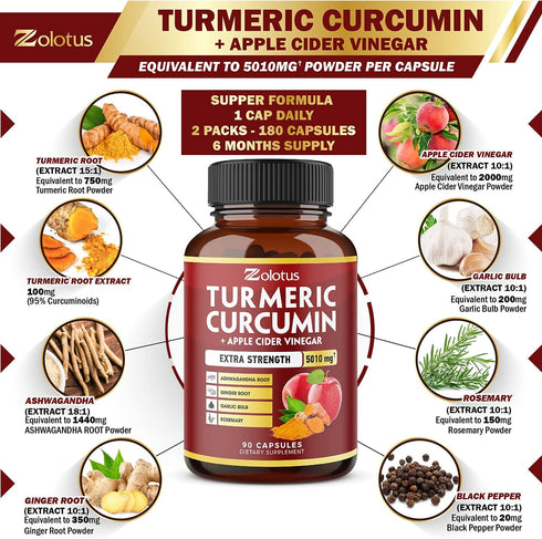 2packs 90 Capsules Turmeric Curcumin + Apple Cinder Vinegar Capsules, Equivalent to 5010mg, 6 Month Supply with Ashwagandha, Ginger, 95% Standardi...