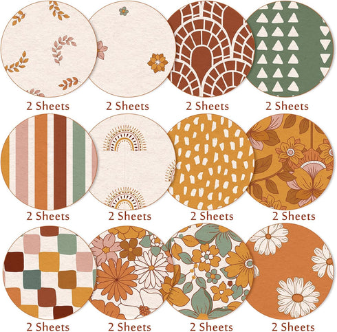 Whaline 24Pcs Floral Pattern Paper 30x30cm Retro Boho Rainbow Double-Sided Scrapbook Paper Hippie Groovy Craft Paper Folded Flat for DIY Backgroun...