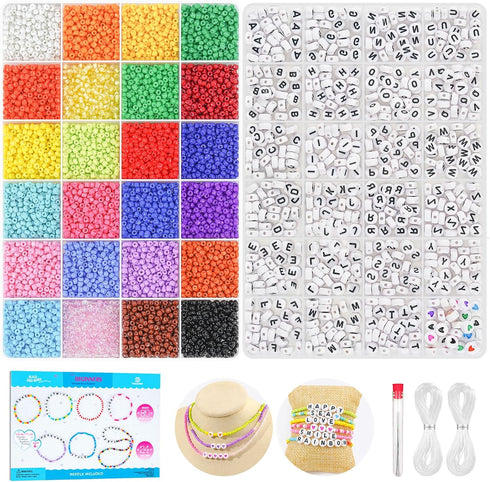 Dowsabel Friendship Bracelet Kit, 10000 Pcs 3mm Glass Seed Beads for Bracelet Making with Letter Alphabet Beads A-Z, 8/0 Craft Bead for Jewelry Ma...