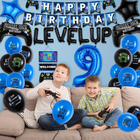 9th Video Game Birthday Party Decoration Balloons Game on Party Supplies Set Include Happy Birthday Banner Foil Balloon Latex Balloon Ideal for Ki...
