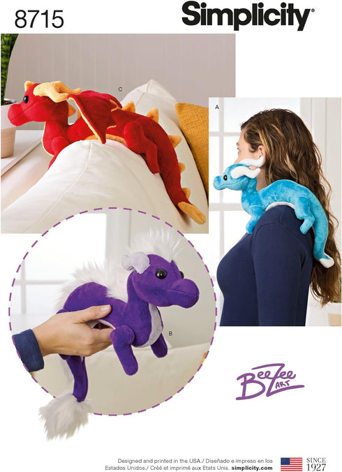 Simplicity 8715 Children's Stuffed Animal Dragon Toy Sewing Patterns by Beezee Art, One Size Only...