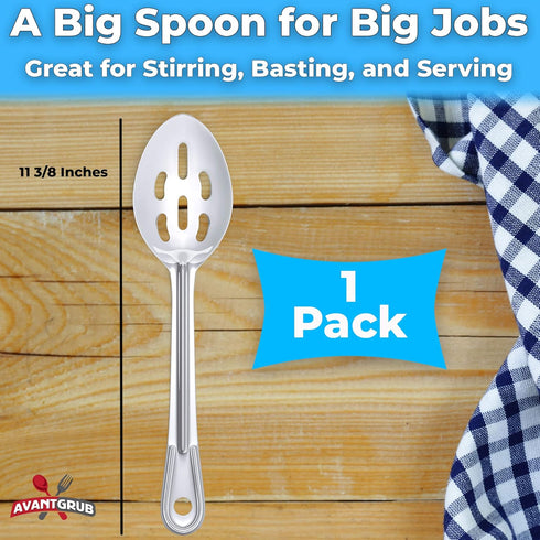 Super Strong, Ergonomic 11 in Serving Spoon 1 Pk. Big, Slotted Stainless Steel Spoons for Cooking, Baking and Basting. Best Kitchen Flatware for B...