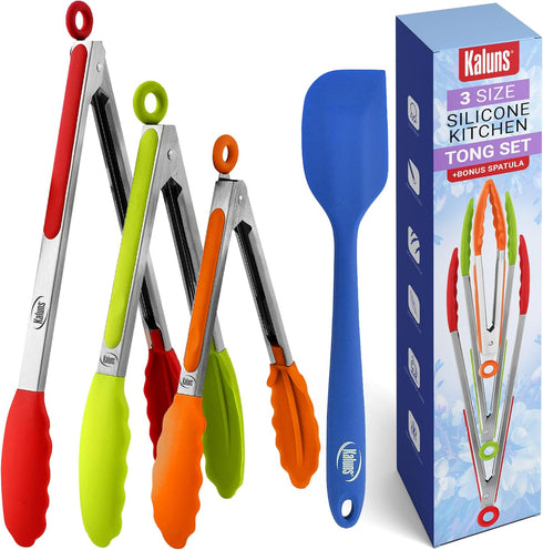 Kaluns Kitchen Tongs - Silicone Tip Stainless Steel Set, 7, 9, 12 Inch Tongs Plus Heat Resistant Spatula, Non-stick Serving Utensils...