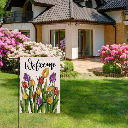 Welcome Spring Floral Flowers Garden Flag Double Sided, Tulip Decorative Yard Outdoor Home Small Decor, Summer Farmhouse Burlap Outside House Deco...