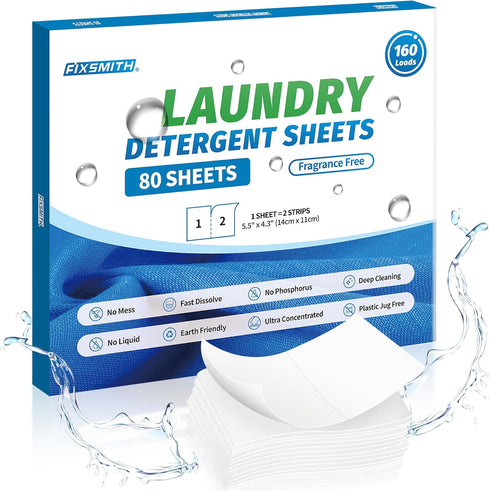 FIXSMITH Laundry Detergent Sheets - 160 Loads (80 Sheets) Fragrance Free - Hypoallergenic,Unscented,Eco Friendly Laundry Detergent Strips Concentr...