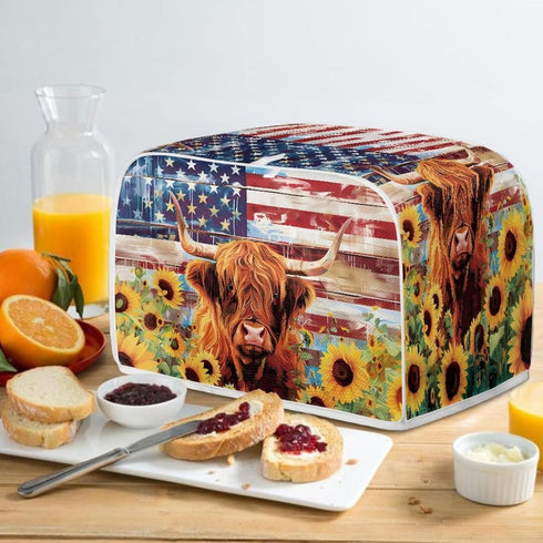 American Flag Toaster Cover 2 Slice Wide Slot, Highland Cow Sunflower Print Bread Maker Cover Toaster Covers, Washable Stain Resistant Small Appli...