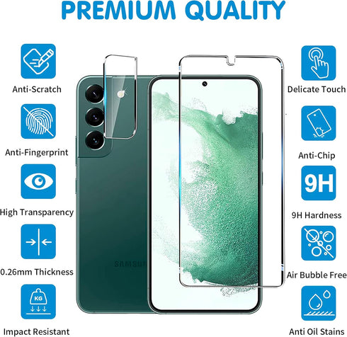 Screen Protector (3 Pack) for Samsung Galaxy S22 5G, 9H Tempered Glass, Ultrasonic Fingerprint Compatible, HD Clear, Case Friendly, 6 Pack Includi...