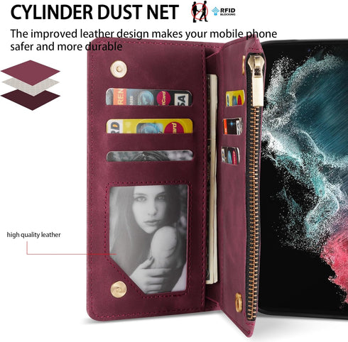 ZZXX Samsung Galaxy S22 Ultra Case Wallet with Card Slot Premium Soft PU Leather Zipper Flip Folio with Wrist Strap Kickstand Protective Cover for...