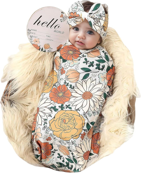 Galabloomer Newborn Receiving Blanket Headband Set Baby Flower Swaddle (caramd)...