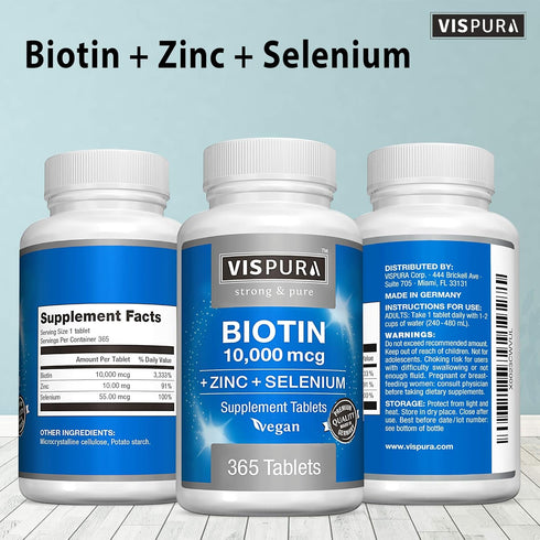 Biotin 10000 mcg + Zinc + Selenium, Pure, Vegan & Extra Strong, Best Supplement for Hair Growth, Glowing Skin, Strong Nails*, 365 Tablets for 12 M...