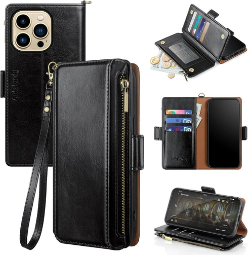 Antsturdy Compatible with iPhone 13 Pro Max Wallet Case,RFID Blocking PU Leather Phone Case Women Men Kickstand Flip Cover Wrist Strap Zipper Cred...