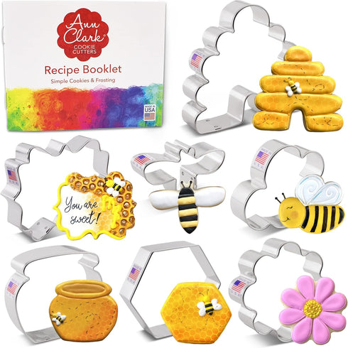 Bee Cookie Cutters 7-Pc. Set Made in the USA by Ann Clark, Cute Bee, Small Flower, Honey Pot, Beehive, Honeycomb and more...