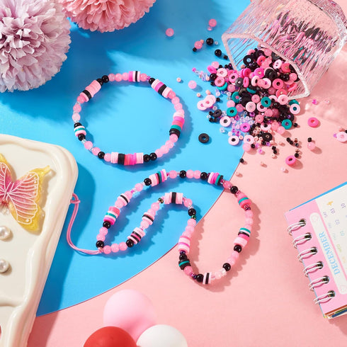 Assorted Pink and Black Beads Kit Pink Heishi Clay Beads Black Pearl Beads Glass Seed Beads Small Rondelle Pony Beads for Crafts DIY Bracelet Jewe...