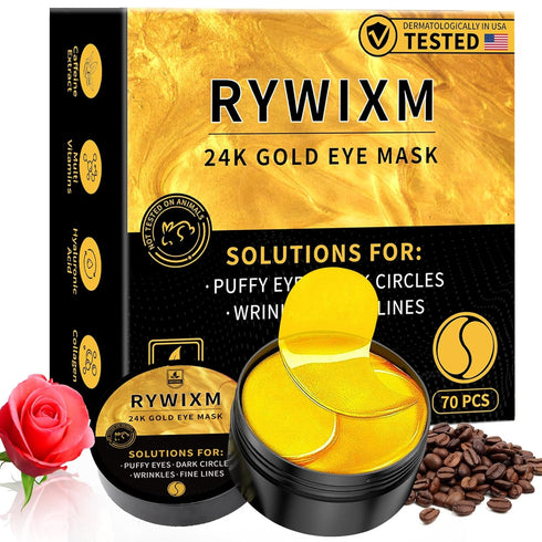 24K Gold Eye Masks for Dark Circles and Puffiness 70PCS, Under Eye Patches for Puffy Eyes Treatment, Under Eye Mask w/Caffeine, Hyaluronic Acid, P...