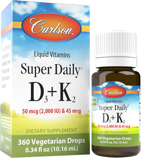 Carlson Super Daily D3 + K2, 50 mcg D3 + 45 mcg MK-7, Heart & Bone Health, 360 Liquid Drops, 10.16 ml...