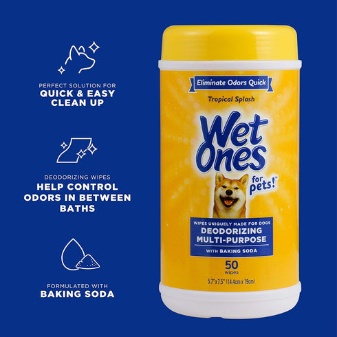 Wet Ones for Pets Deodorizing Multi-Purpose Dog Wipes With Baking Soda | Dog Deodorizing Wipes For All Dogs in Tropical Splash Scent, Wet Ones Wip...