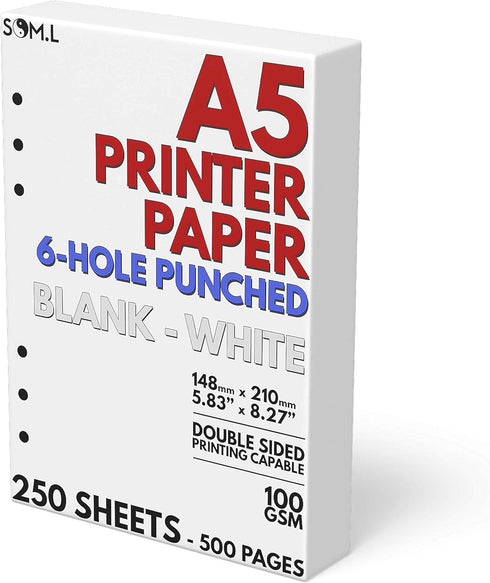 A5 Blank Paper 6-Hole Punched, 250 Sheets (500 Pages), 100 GSM, Printer Paper 148mm x 210mm (5.83 in. x 8.27 in.)...