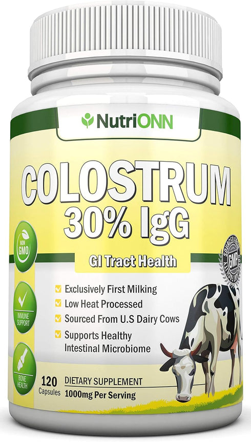 Colostrum - 1000mg - 120 Capsules - 30% IgG - Non-GMO US Dairy - First Milking Bovine Colostrum - Low Heat Processed - Great for GI Tract Health -...