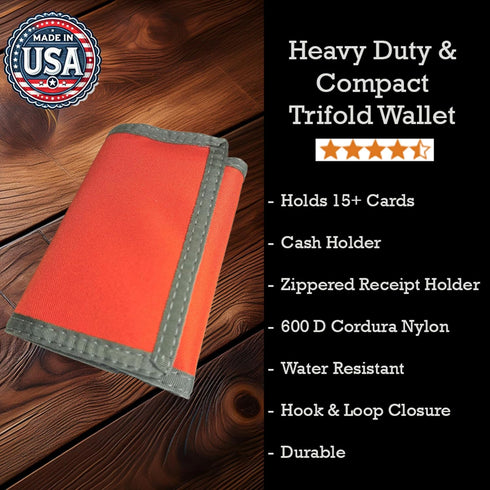 Trifold Wallet w/Inside ID. Hook n Loop Closure. Made in USA (Bright Orange w/Foliage Trim)...