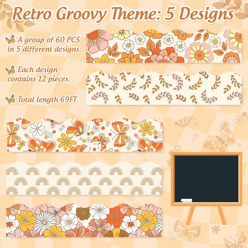 69Ft Retro Groovy Bulletin Board Borders Boho Pink Orange Flower Rainbow Butterfly Trim Borders Hippie 70s Bulletin Board Stickers for Back to Sch...