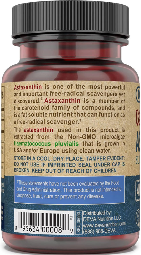DEVA Nutrition Vitamins Astaxanthin 4mg, Vegan, Made from Haematococcus Pluvialis Microalgae, 30 Capsules, 2-Pack...