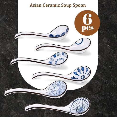HANSGO 6PCS Asian Ceramic Soup Spoons, 6.5 Inch Chinese Soup Spoons Long Handle Noodle Soup Spoons for Ramen Wonton Dumpling...
