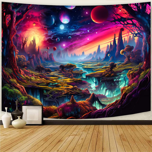 Simpkeely Fantasy Planet Tapestry, Blacklight Forest Natural Landscape Retro Aesthetic Wall Hanging, UV Reactive Sunset Trees Tapestries for Bedro...