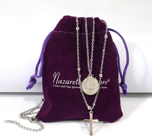 Nazareth Store Layered Cross Necklaces for Women, Dainty 14K Gold Plated 18" Necklace Saint Benedict Medal Protection Amulet Chain Gold Choker Tre...