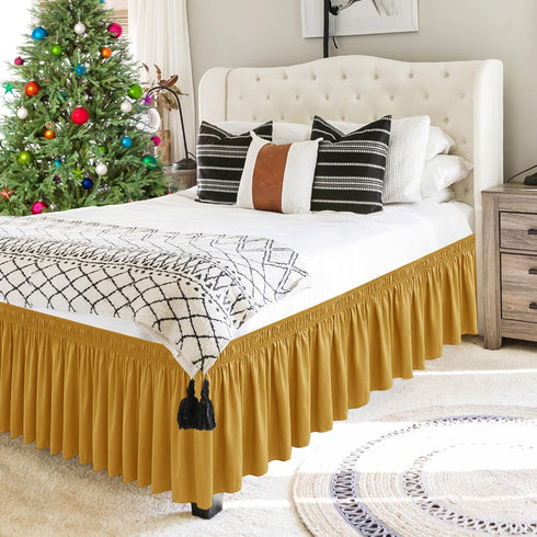 Biscaynebay Wrap Around Bed Skirts for Queen Beds with Short Drop of 12", Gold Adjustable Elastic Dust Ruffles Easy Fit Wrinkle Resistant Silky Lu...