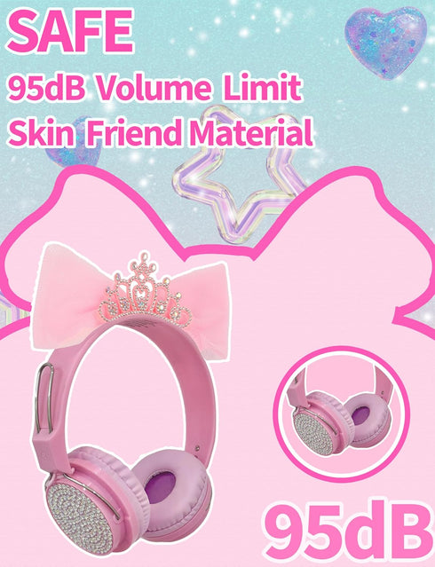 Priness Wired Kids Headphones with Mic for School/Travel,95dB Volume Limited,Shareport,On/Over Ear Bow Headsets with Nylon Cable-Pink...