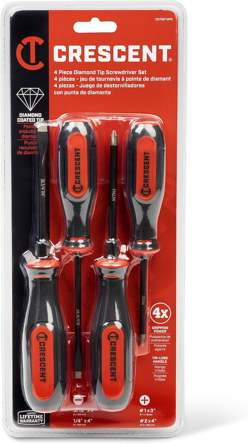 Crescent 4PC Diamond Tip Dual Material Screwdriver Set with Phillips and Slotted Screwdrivers - CDTSET4PC...