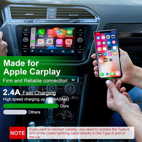 Coiled iPhone Car Charger Cord 2 Pack, Apple Carplay Compatible & MFi Certified, Short USB to Lightning Cable with Data Transmission and LED, Retr...