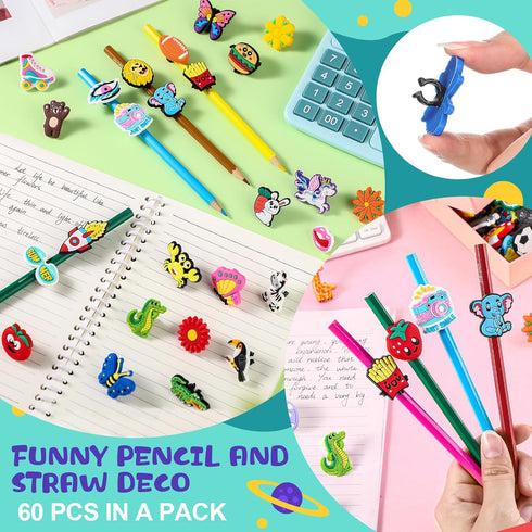 Pencil Charms Bulk for Kids Pencil Clips Pencil Clip Decorations Fun Food Pencil Toppers Accessories Straw Toppers for Pupil Junior School Prize S...