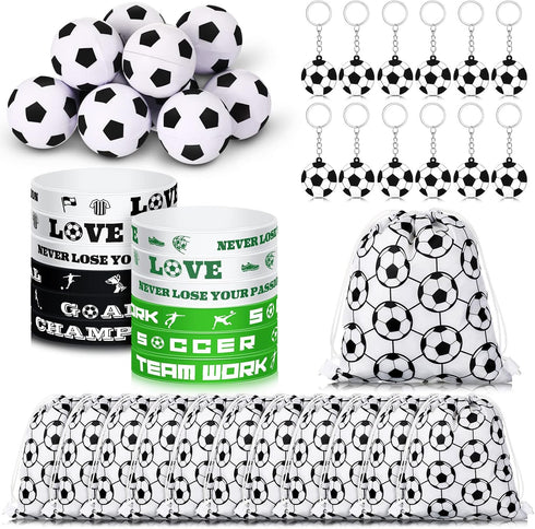 48 Pcs Soccer Party Favors Supplies, 12 Soccer Silicone Bracelet 12 Soccer Drawstring Treat Bag 12 Mini Soccer Stress Ball and 12 Soccer Keychains...