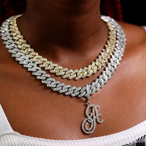 Gold Silver Plated Initial Cuban Link Chain Necklace for Women Cursive Letter Gold Miami cuban link chain Iced out chain with pendant for women (S...