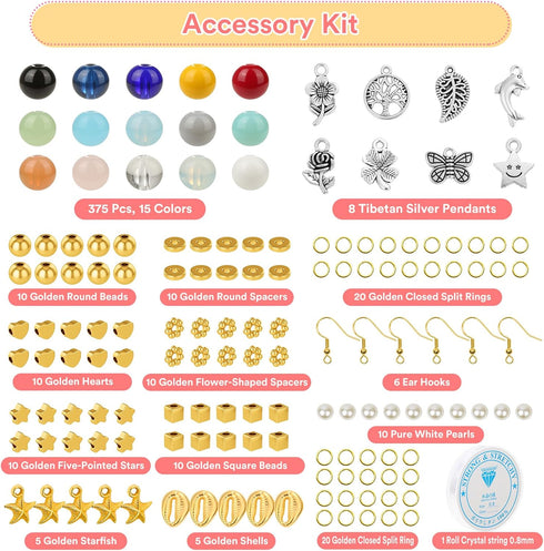 8mm Glass Beads for Jewelry Making, 15 Colors Crystal Round Gemstone Stone Beads, 375 Pcs DIY Craft Bead Bracelet Making Kit with 12 Styles Access...