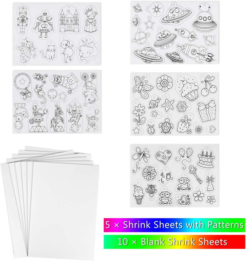 TUPARKA 60 Pieces Heat Shrink Plastic Sheet Kit, Including 10 Pieces Blank Shrink Film Paper and 5 Pieces Shrink Art Paper with Pattern, Punch, Ke...