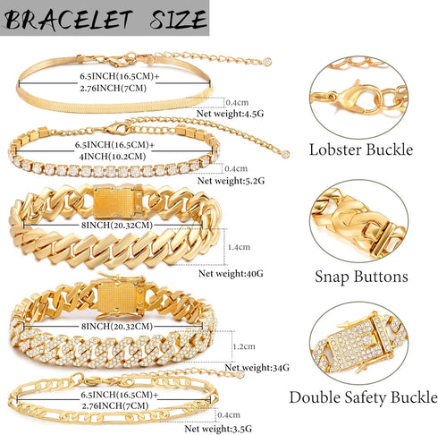 Gold Bracelets for Women, 14K Gold Plated Bracelets Sets for Women, 13mm/14mm Cuban Chain Bracelet Layered Link Chain Bracelets Pack Jewelry Full ...