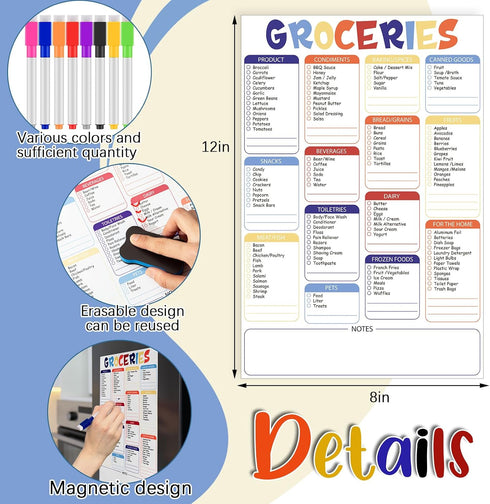 Large Grocery List Magnet Dry Erase Board for Fridge 12'' x 8'' Grocery List Magnet Pad with Magnetic Dry Erase Markers and Whiteboard Eraser for ...
