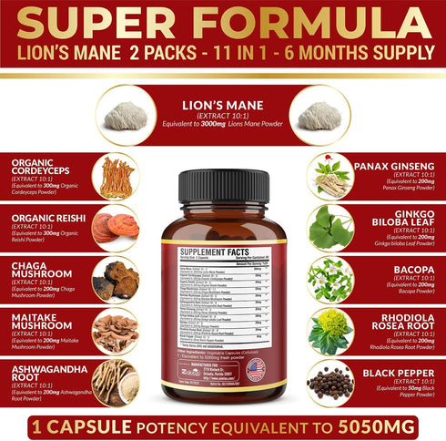 5X Potency 2 Packs 90 Capsules Lions Mane Mushroom Supplement, 5050mg, 6 Month Supply with Cordeyceps, Reishi, Ashwagandha, Focus, Memory and Brai...
