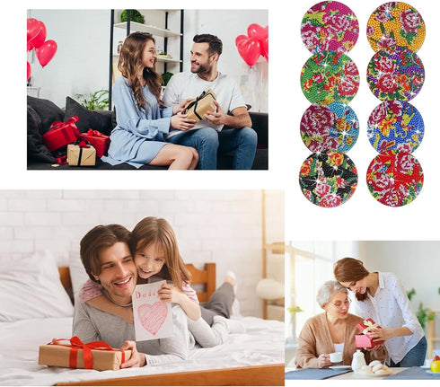 8 Pcs Diamond Art Painting Coasters with Holder,Chinese Traditional Northeast Flower Diamond Art Kits,DIY Diamond Art Painting Kits for Beginners,...