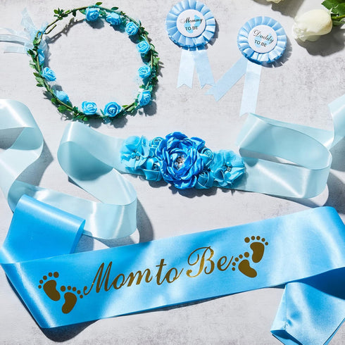 Xinnun 5 Pcs Baby Shower Maternity Sash Kit Shoulder Sash and Pin Daddy Corsages Flower Crown Pregnancy Sash Rose Wreath Headdress for Baby Shower...
