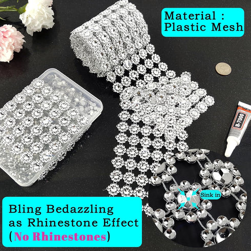 6Yards Silver Flower Rhinestone Ribbon Trim with Glue, 4In/6Rows Rhinestone Mesh Fabric, Bling Rhinestone Ribbon Roll for Crafts, Party Christmas ...
