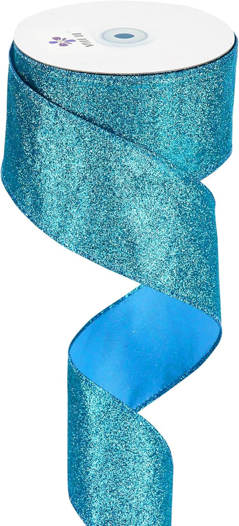MEEDEE Blue Glitter Ribbon Blue Wired Ribbon 2.5 Inch Metallic Ribbon by 25 Yards Turquoise Ribbon Blue Christmas Ribbon Light Blue Ribbon for Chr...